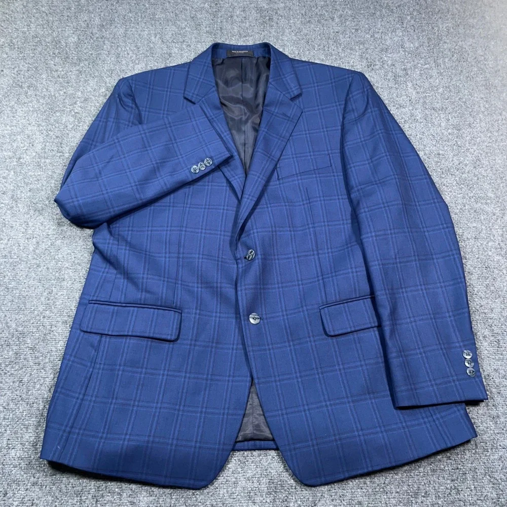 Petrocelli Soren Sport Coat Mens 46L Plaid 100% Wool Blue Glen Check Blazer Work